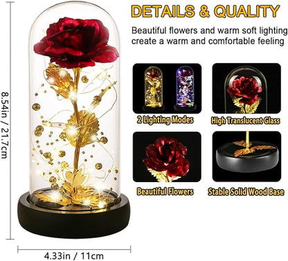 Valentines Rose Gifts for Her Birthday Gifts for Women Valentines Flower Galaxy Glass Rose with 2 Light Modes Forever Eternal Colorful Gold Foil Rose in Glass Dome,Anniversary Valentines Women Gifts