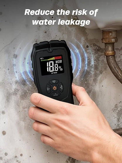 Moisture Meter Damp Meter Pinless Wood Moisture Meter for Walls Logs Firewood and Building Material, 4 Mode 9 Density Settings, Non-Destructive Moisture Detector with Backlit LCD and Alerts (Black)
