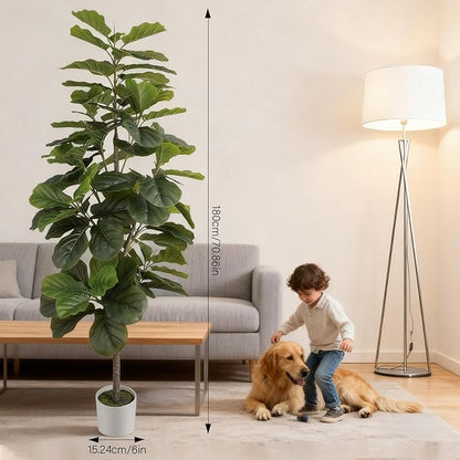 6ft Artificial Fiddle Leaf Fig Tree with 96 Fiddle Leaves, Fake Ficus Trees Indoor with Plastic Nursery Pot, Faux Ficus Lyrata Plant with Fake Moss, adorning The Living Room, Bedroom, and Office