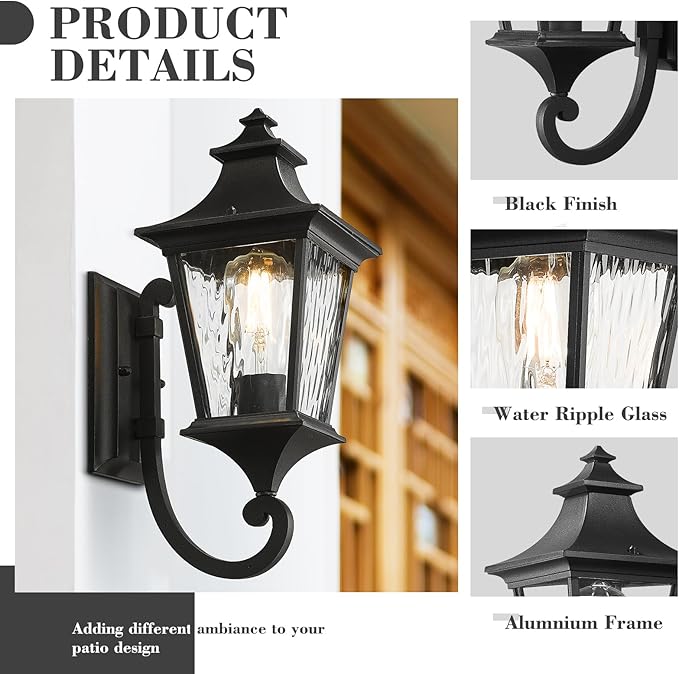 Emliviar Outdoor Light Fixture Wall Mount, 15 Inch 1-Light Exterior Wall Sconce Light with Water Ripple Glass, Black Finish, XE292UB-SW BK