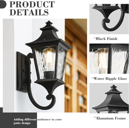 Emliviar Outdoor Light Fixture Wall Mount, 15 Inch 1-Light Exterior Wall Sconce Light with Water Ripple Glass, Black Finish, XE292UB-SW BK