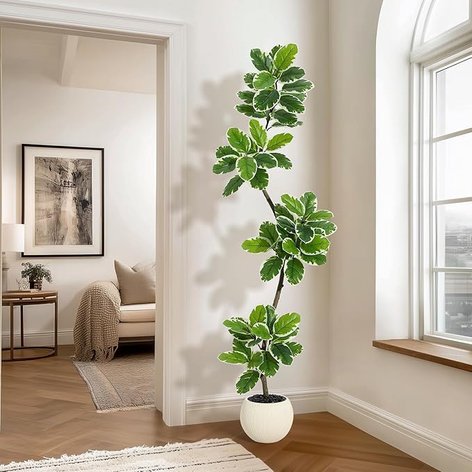 Garvee Fiddle Leaf Fig Tree Artificial Indoor, Faux Floor Plant, 6FT Tall Fake Plant with Planter and Pebbles, Artificial Trees for Home Decor Indoor,Tall Fake Tree for Housewarming