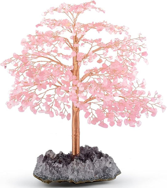 Rose Quartz Tree Gemstone Crystal Tree of Life,Amethyst Cluster Base,Healing Pink Crystal Chakra Balancing Positive Energy,Table Bonsai Feng Shui Decor Money Tree 10"-11"