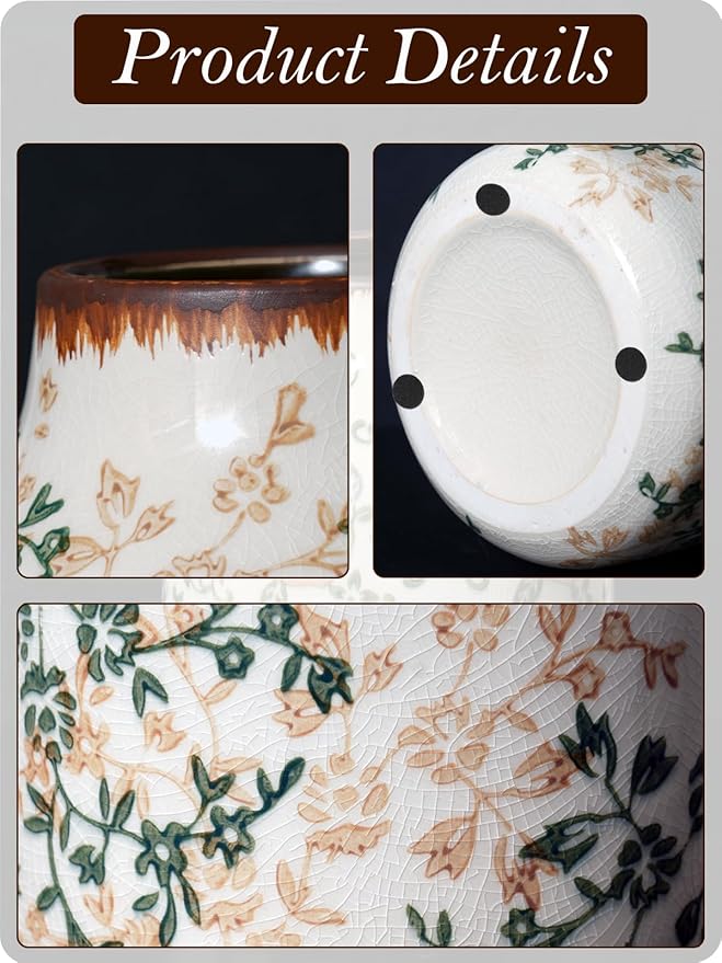 Vintage Ceramic Vase - 7.8 Inch Hand-Painted Flowers with Ice Crackle Glaze Finish, American Farmhouse Style Pitcher Vase for Home Decor, Centerpiece, Shelf, Table, Office
