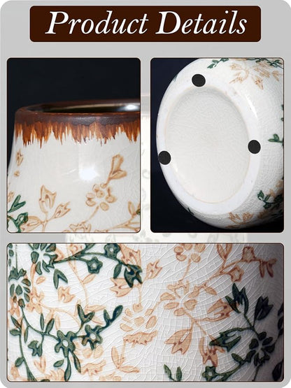 Vintage Ceramic Vase - 7.8 Inch Hand-Painted Flowers with Ice Crackle Glaze Finish, American Farmhouse Style Pitcher Vase for Home Decor, Centerpiece, Shelf, Table, Office