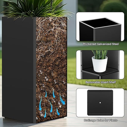 Tall Black Planter 28" Metal Square Large Plant Pots for Indoor Outdoor-Modern Tall Flower Pots for Porch, Patio, Deck, Commercial & Residential(14" Lx14 Wx 28" H)