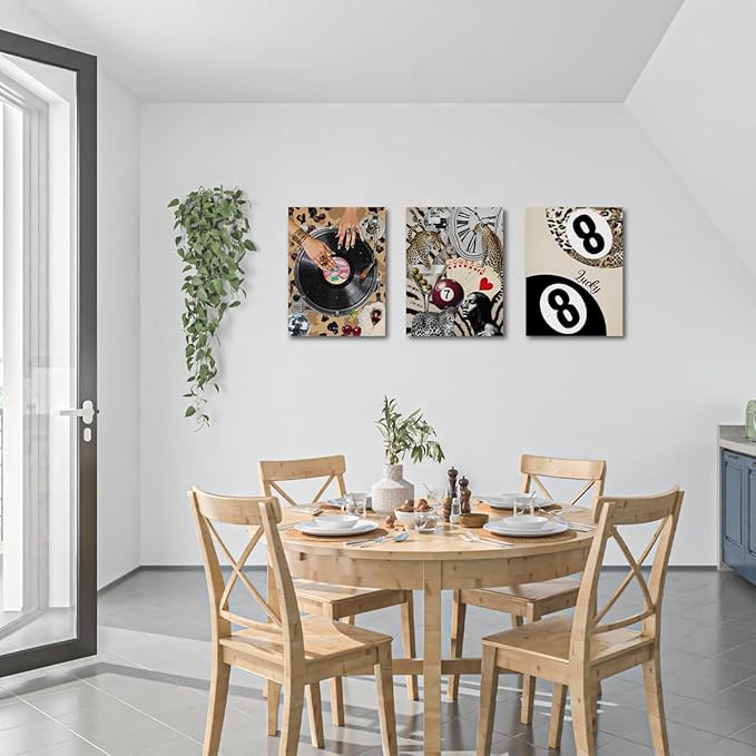 Trendy Leopard Print Framed Canvas Wall Art Set of 3, Vintage Vinyl Record Cheetah Wall Decor Aesthetic, Funky Lucky 8 Ball Picture Trendy Decor for Home Living Room Bathroom, 11.4"x15"