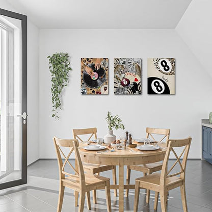 Trendy Leopard Print Framed Canvas Wall Art Set of 3, Vintage Vinyl Record Cheetah Wall Decor Aesthetic, Funky Lucky 8 Ball Picture Trendy Decor for Home Living Room Bathroom, 11.4"x15"