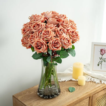Fake Roses Faux Flowers Silk Roses Artificial Roses with Stems Realistic Artificial Flowers Suitable for Indoor Home Decoration Diy Bouquet Wedding Decoration Party Decor 24PCS Khaki 16.5In