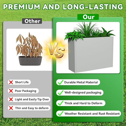 Metal Planter, 36L x 12W x 26H, Heavy Duty Tall Planters for Outdoor Plants, Planters with Removable Insert Shelf, Large Planters with Drainage Holes for Porch, Patio and Yard, Grey