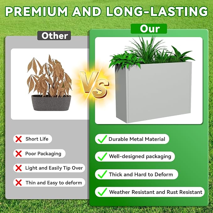 Tall Metal Planter Box, 30" L x 10" W x 24" H Large Outdoor Planters with Drainage & Adjustable Shelf, Heavy Duty Steel Rectangular Planter for Patio, Balcony, Indoor(Gray)