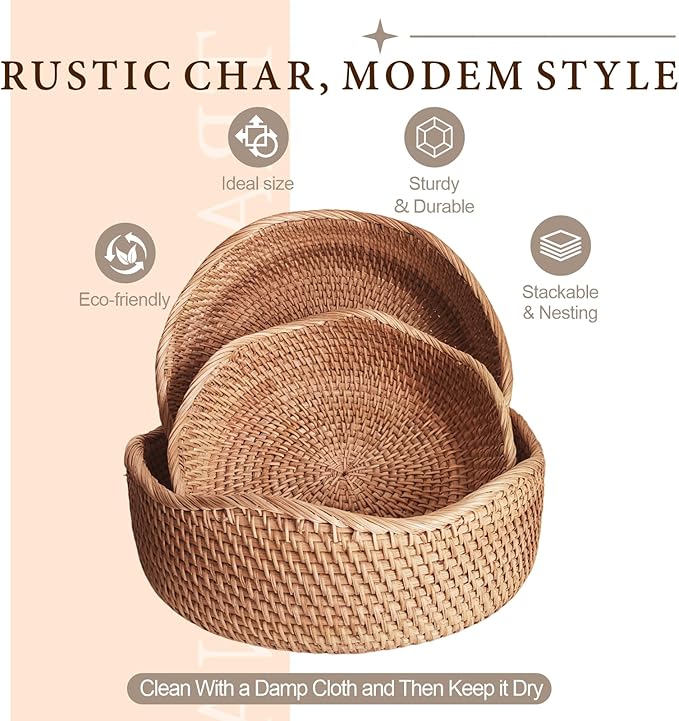 Rattan Bread Baskets for Serving, Hand Woven Food Baskets, Natural Wicker Fruit Basket for Kitchen Counter, Decorative Bread Baskets for Gifts, Snacks, Candies, Nuts, Keys, Wallets, Etc.(Wave-Combo)