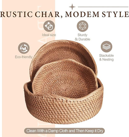 Rattan 10" Medium Wave Bread Basket for Fruit, Natural Wicker Fruit Basket for Kitchen Counter, Hand Woven Wicker Food Baskets, Bread Baskets for Serving, Gift Basket for Gifts, Vegetable, Snack, Etc.