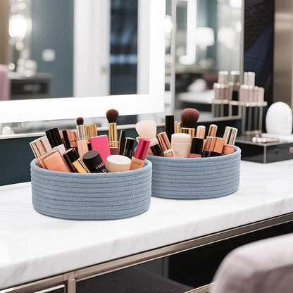 Small Shelf Storage Baskets for Organizing, 6 Pack Round Cotton Rope Bins, Decorative and Cute Woven Baskets for Bedroom and Closet, Key Tray Bowl, Home Decor Countertop Organizer (Blue)
