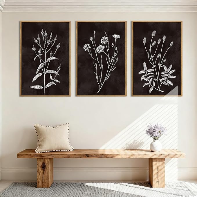 Extra Large Black and White Floral Wall Art Framed Botanical Wall Decor 3 Pieces for Bathroom Living Room Bedroom 24x36 Inch