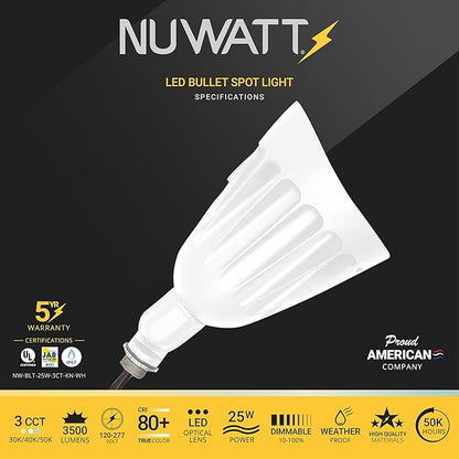 NUWATT 25W Bullet Flood Light Outdoor LED Landscape Lights, 3500 LM Bright Outdoor Lighting for Yard, 30K/40K/50K Selectable, 1/2" Knuckle Mount, 120-277V Waterproof Flag Pole Lights (12-Pack)