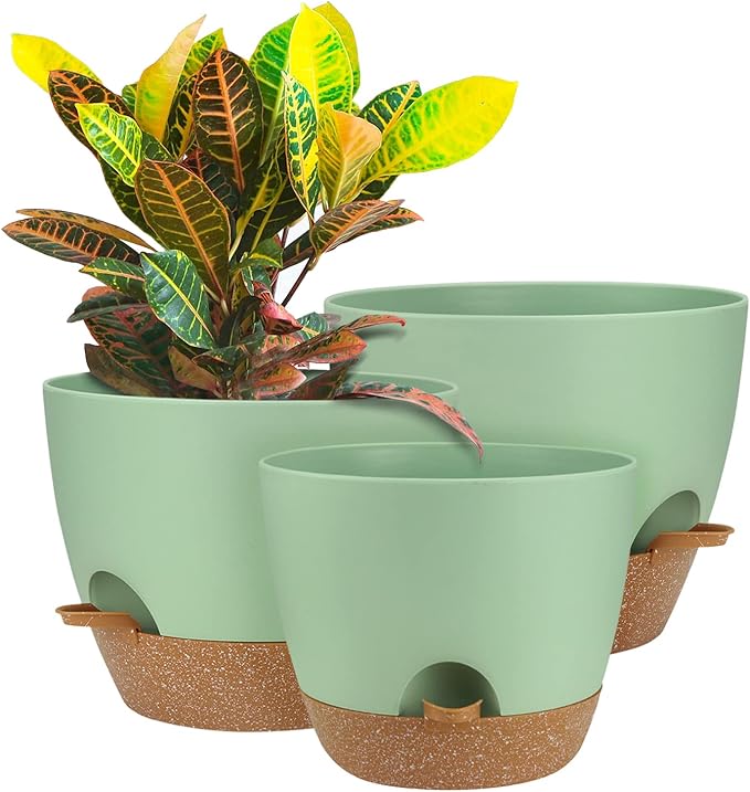 UUBEMM Self Watering Planters with Drainage Holes, Set of 3 Plastic Plant Pots with Deep Reservoir for Indoor Outdoor Garden Flowers Plants,10+9+8 Inch (Green)