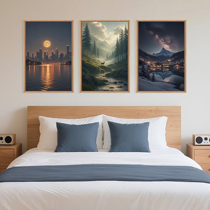 Large Modern City Moon Framed Canvas Wall Art,Forest Misty Wall Decor,Winter Town Night Wall Painting,Nature Landscape Picture Artwork for Living Room,Bedroom,Dining Room,Office -16"x24"x3