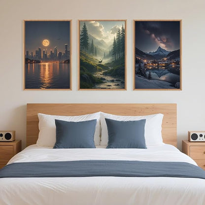 Large Modern City Moon Framed Canvas Wall Art,Forest Misty Wall Decor,Winter Town Night Wall Painting,Nature Landscape Picture Artwork for Living Room,Bedroom,Dining Room,Office -16"x24"x3