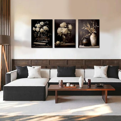 Kdyudo3 pcs Vintage Moody Floral Book-Framed Canvas Wall Art, Dark Mood Still Life Floral Print Paintings Vase Rose Plant Farmhouse Decor, Dark College Posters, Kitchen, Bedroom, Office, 16x24 inch