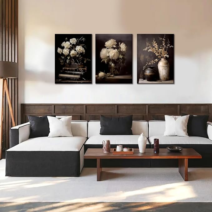 Kdyudo 3 pcs Vintage Moody Floral Book-Framed Canvas Wall Art, Dark Mood Still Life Floral Print Paintings Vase Rose Plant Farmhouse Decor, Dark College Posters, Kitchen, Bedroom, Office, 12x16 inch
