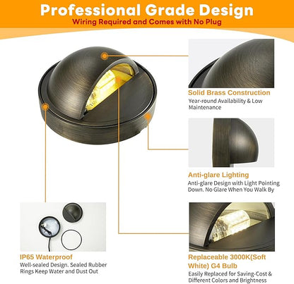 Gardenreet Solid Brass Deck Lights - Low Voltage LED Step Lights Outdoor, 12V Landscape Hardwired Waterproof Bronze for Stair Fence Wall with 3000K Soft White 3W 270LM G4 Bulb 4 Pack