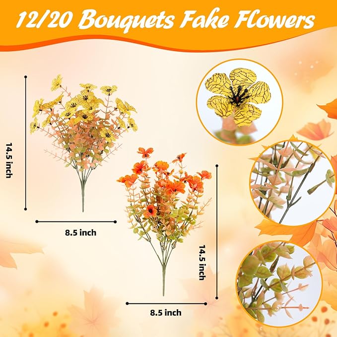 20 Bundles Artificial Fake Mums Flowers for Outdoor Faux Silk Orange Yellow Daisy Realistic UV Resistant No Fade Fake Plants Flowers for Planter Porch Patio Indoor Thanksgiving Decor
