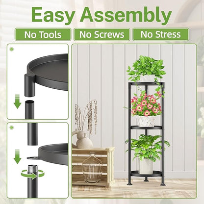 iDavosic.ly 3 Tier Plant Stand Indoor with 10 Inch Wide Tray, Vertical Corner Metal Outdoor Flower Display Holder Shelf, Folding Tall Rack for Patio Porch Living Room, Modern Black