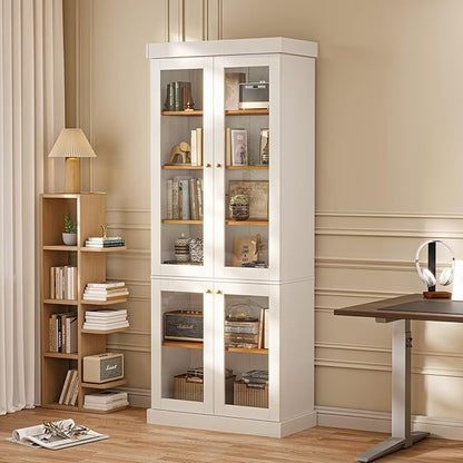 Vyre 70.8" Tall White Bookshelf with Glass Doors, Farmhouse Modular Bookcase with 6-Tier Adjustable Shelves, Large Storage Cabinet for Home Office, Living Room, Set of 2