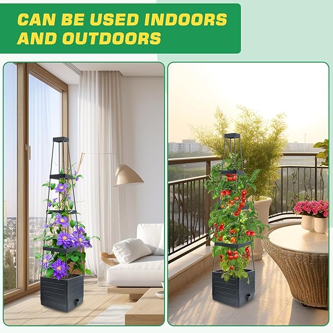 4 Pack Raised Garden Bed Planter Box with Trellis, 57" Self-Watering Tomato Cage Planters for Climbing Plants Vegetable Vine Flowers Outdoor & Indoor (57x9.8x9.8IN)