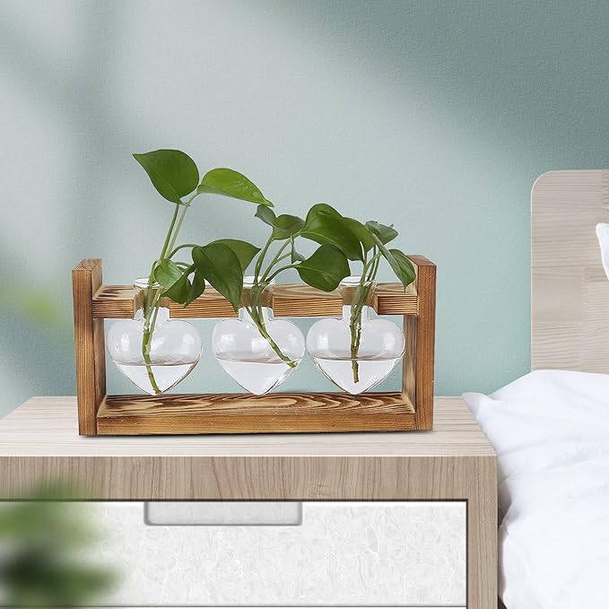 Plant Terrarium with Wooden Stand,Heart Shaped Transparent Glass Vase Flower Pot Hydroponics Plant Propagation Station for Hydroponics Plants Home Office Decor (Retro Box + 3