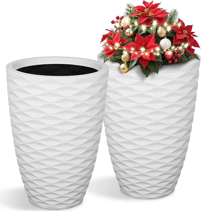 Planters for Indoor/Outdoor Plants (Set of 2), 19in Tall Large Garden Pots, Wavy Matte White Planter, Faux Ceramic Flower Pots, All-Weather Durable HDPE Plastic Plant Pot with Drainge Hole