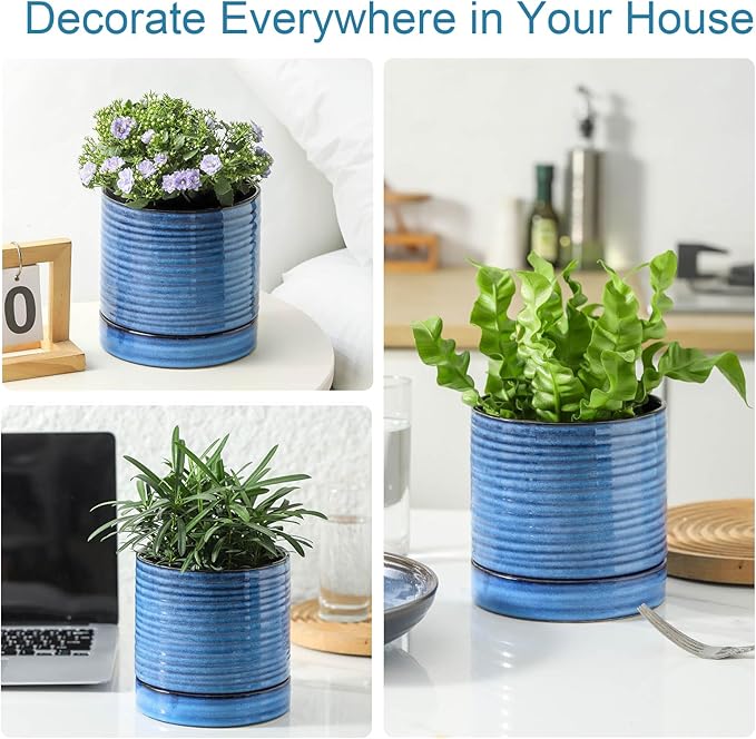 HASENSE Ceramic Plant Pots Indoor Outdoor, 6 Inch Pot for Plants with Drainage Hole and Saucer, Blue Modern Planter for Housewarming