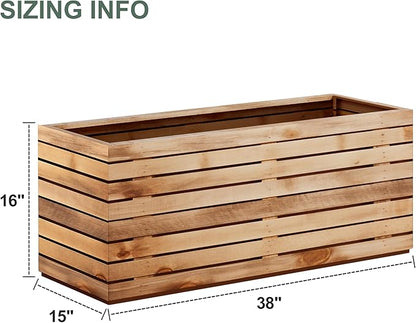 Rectangular Planters for Outdoor Plants, Large Planter Box with Drainage Holes, Metal Balck Palnters for Patio, Garden (38" L x 15" W x 16" H, Walnut Wood Grain)