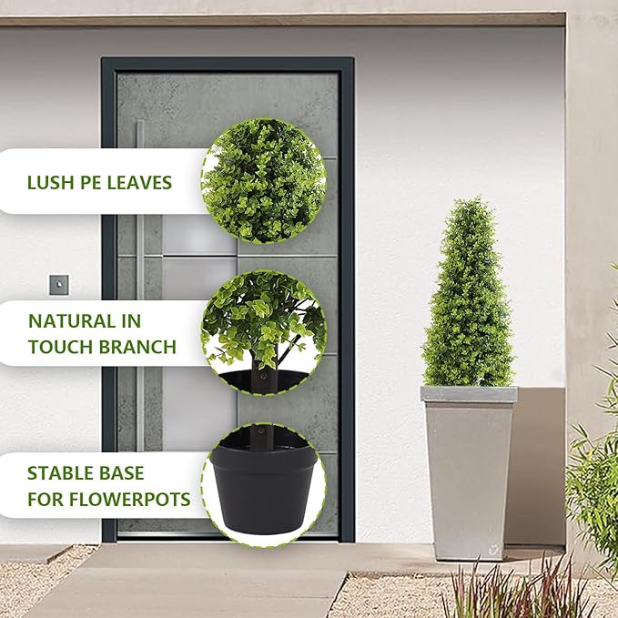 3ft Artificial Boxwood Topiary Trees, Set of 2 – UV Resistant Faux Evergreen Shrubs and Bushes for Outdoor Planters, Realistic Fake Plants for Front Porch Outside Patio Yard, 3 Foot Tall