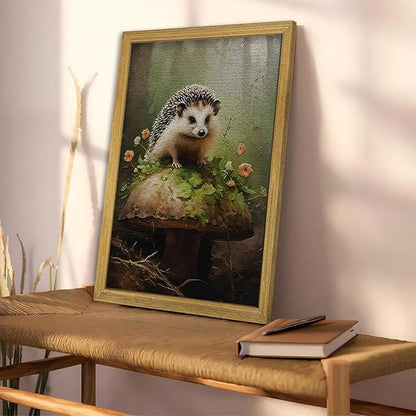 SAMHOU Framed Hedgehog Decor Painting, 3D Textured Hand Drawn Sandstone Wall Art, Vintage Rustic Woodland Cottagecore Wall Decor, Cute Animal Nursery Print Oil Paintings 12''x16''