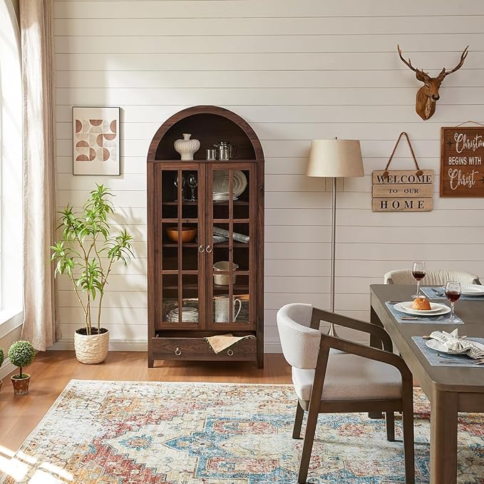 71" Tall Arched Cabinet, Modern Farmhouse Wooden Display Cabinet with Drawer and Glass Doors, 6 Tier Bookshelf w/Adjustable Shelves for Living Room, Office, Walnut