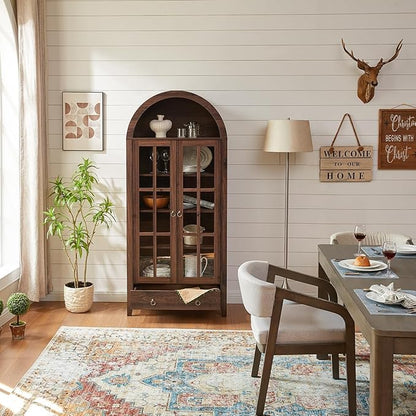 71" Tall Arched Cabinet, Modern Farmhouse Wooden Display Cabinet with Drawer and Glass Doors, 6 Tier Bookshelf w/Adjustable Shelves for Living Room, Office, Walnut