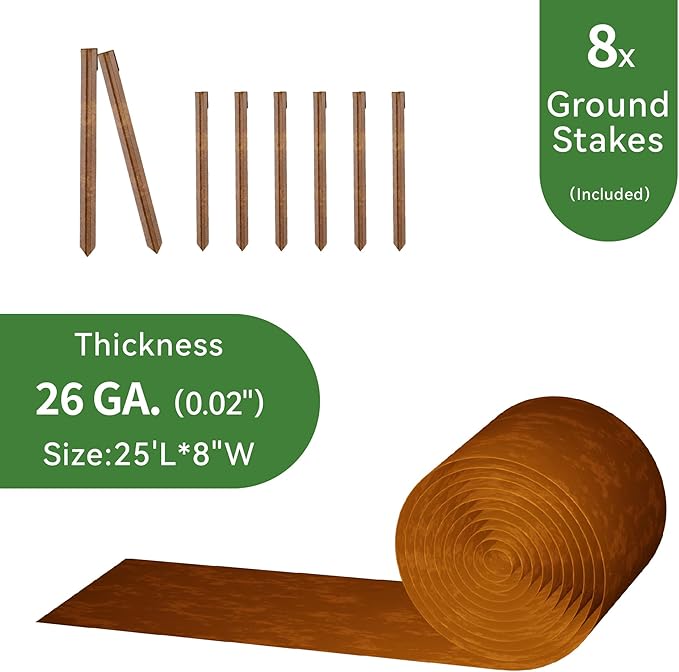 Worth Galvanized Steel Landscape Edging 8" x25' Metal Garden Edging Roll Flexible Bender Border with 8Pcs Stakes for Lawn, Flower Bed Edges, Rust-Colored Painted