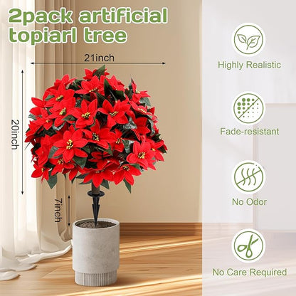 Artificial Poinsettia Topiary Ball Tree 27" with Ground Spike, Set of 2 Artificial Boxwood Bushes for Faux Shrubs, Fake Evergreen Faux Plant for Indoor Outdoor Porch Garden- UV Resistant – Fade-Proof