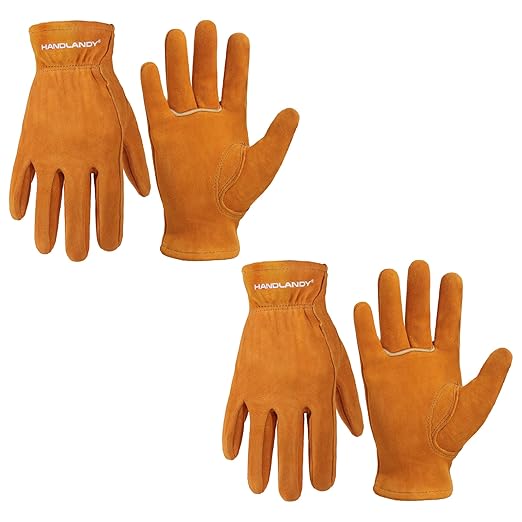 HANDLANDY 2 Pairs Kids Genuine Leather Work Gloves for ages 3-11, Children Gardening Gloves for Boys, Girls (Large (for age 8-11), Orange)