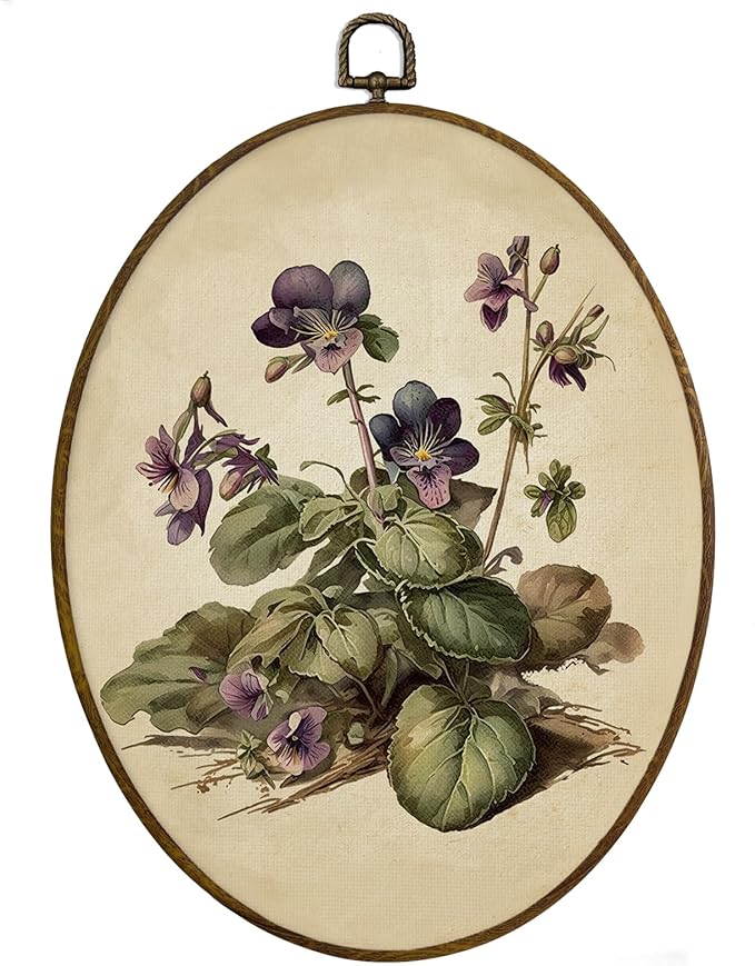 MAQIKA Vintage Flower Oval Framed Wall Art Decor, Floral Wall Decor, Wildflower Oval Wall Hanging Decor, Vintage Purple Botanical Canvas Prints Wall Art for Bedroom Living Room, 8.7x11.3 Inch