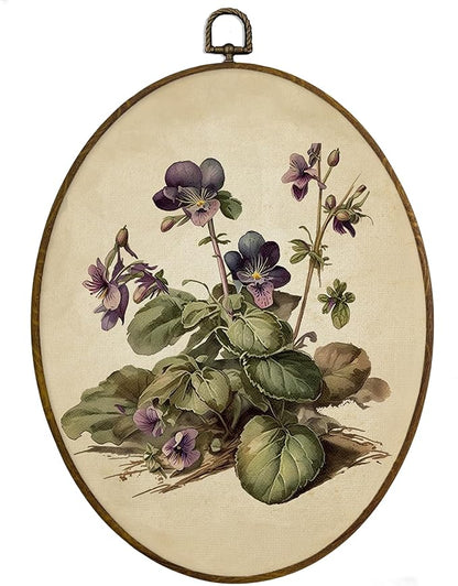 MAQIKA Vintage Flower Oval Framed Wall Art Decor, Floral Wall Decor, Wildflower Oval Wall Hanging Decor, Vintage Purple Botanical Canvas Prints Wall Art for Bedroom Living Room, 8.7x11.3 Inch