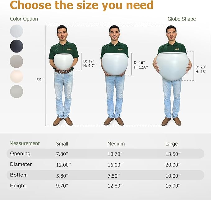 12.8" H x 16" D Globo Fiberstone Round Planter with Drainage Hole, Smooth Finishes, Weather Resistant for Indoor and Outdoor Use, Included 2 Extra Coco Mats (White, 10.7" Pot Opening)