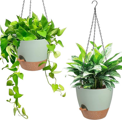 Hanging Planters for Indoor Outdoor Plants, 2 Pack Self Watering Hanging Pot with Drainage Holes & Removable Tray (Green, 6'')