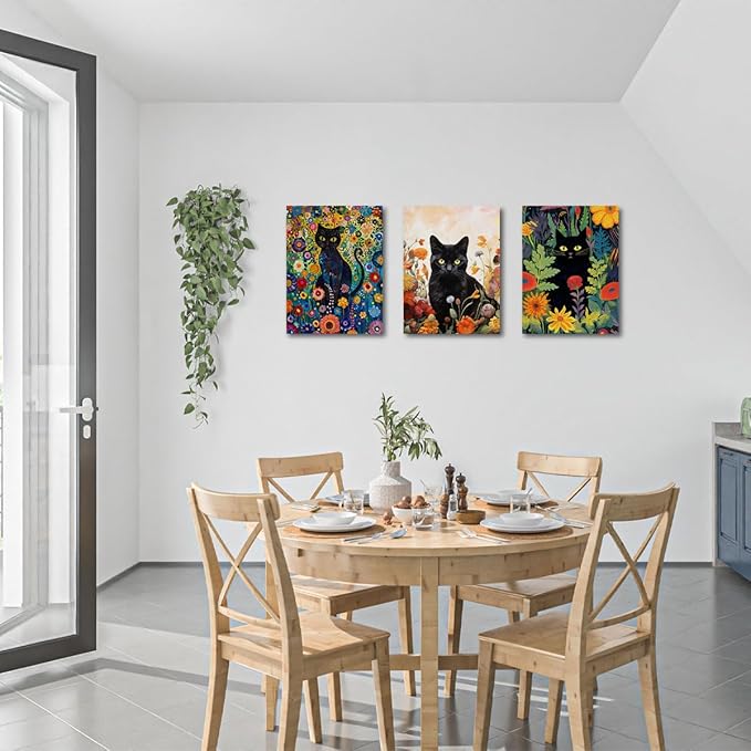 3 PCs Garden Cat Wall Decor Canvas Wall Art Framed Art Cat Posters, Cat Decor for Cat Lovers, Cat Lover Gifts, Aesthetic Artwork for Walls Living Room Bathroom Kitchen Bedroom Home Office Decor