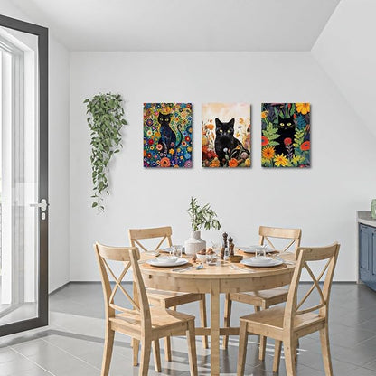 3 PCs Garden Cat Wall Decor Canvas Wall Art Framed Art Cat Posters, Cat Decor for Cat Lovers, Cat Lover Gifts, Aesthetic Artwork for Walls Living Room Bathroom Kitchen Bedroom Home Office Decor