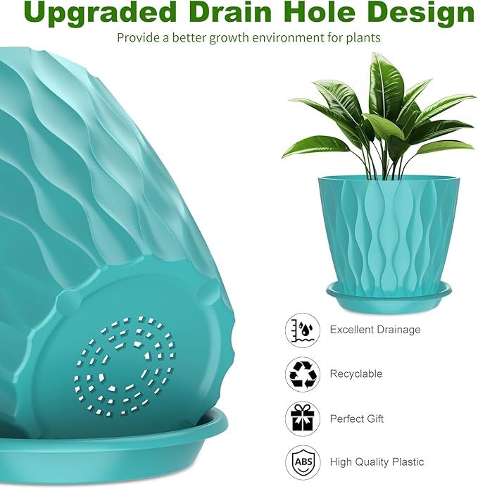 6 Inch Plant Pots with Saucers, 6 Pack Indoor Flower Pots, Planters with Drainage Holes for Orchids, Violets, Succulents, Herbs, and Other Plants, White (Black-Green, 6inch)