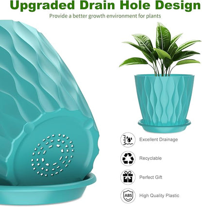 6 Inch Plant Pots with Saucers, 6 Pack Indoor Flower Pots, Planters with Drainage Holes for Orchids, Violets, Succulents, Herbs, and Other Plants, White (Black-Green, 6inch)