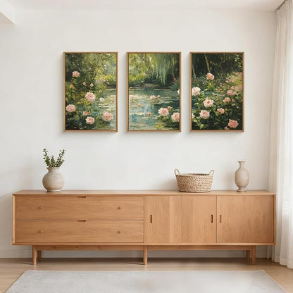 Watercolor Flower Tree Framed Canvas Wall Art Set,Natural White Pink Rose Wildflower Wall Decor,Vintage Dark Green Botanical Artwork for Living Room, Bedroom,Farmhouse- 24"x36"x3